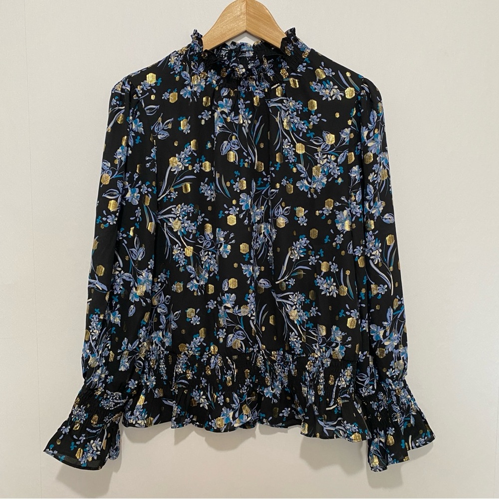 Meraki Black Floral Metallic Ruffle Long‎ Sleeve Blouse Women’s XL Preppy Office
